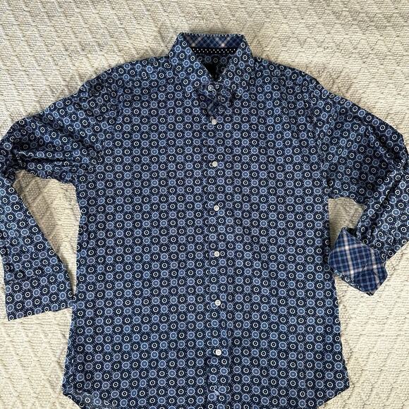 TailorByrd Men's M Geometric Floral Print Shirt Blue Flip Cuff Contrast Accents - Picture 1 of 8